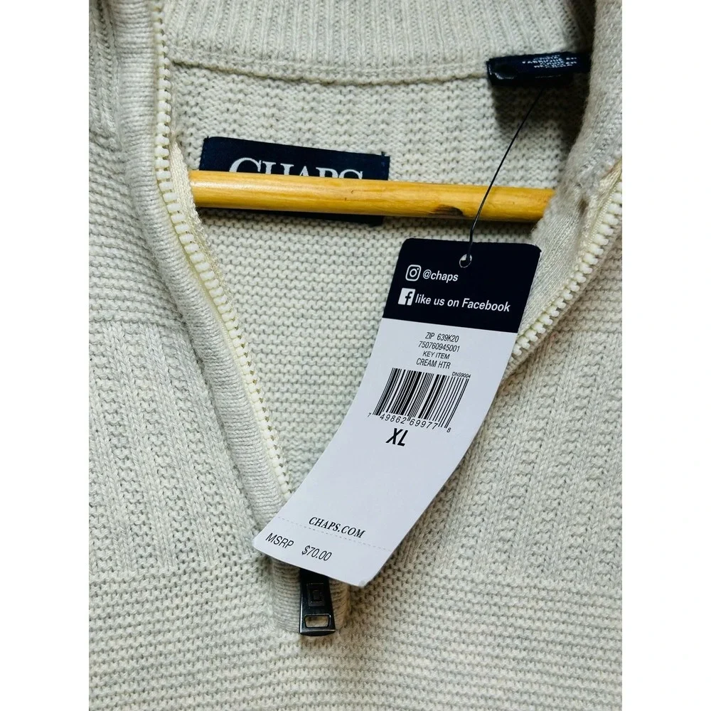 Chaps Mens Quarter Zip Pullover Sweater Cream Textured Cotton XL‎